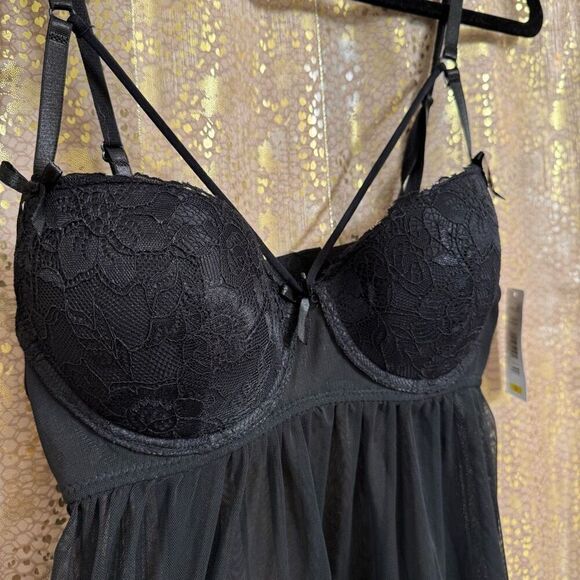 Rene Rofe Black Sheer Push Up Babydoll Lingerie Nighty Medium NWT - Picture 3 of 7